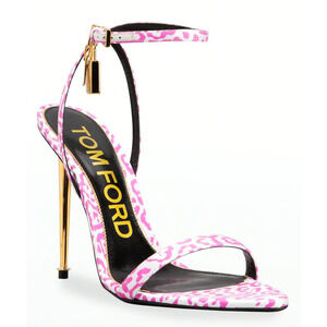 Tom Ford Padlock Pink White Animal Print Lock Ankle Strap Sandal Heel Pump 36.5